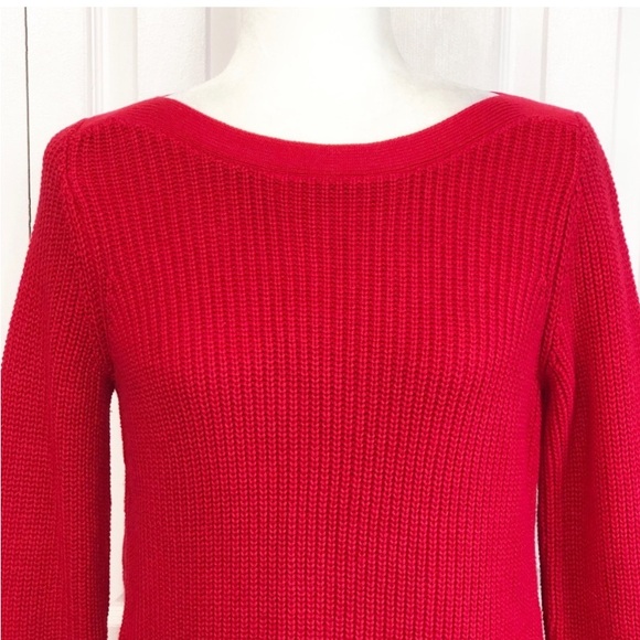 LOFT Red Cable Knit Boatneck Long Sleeve Lace Up Sweater Small - Picture 2 of 5